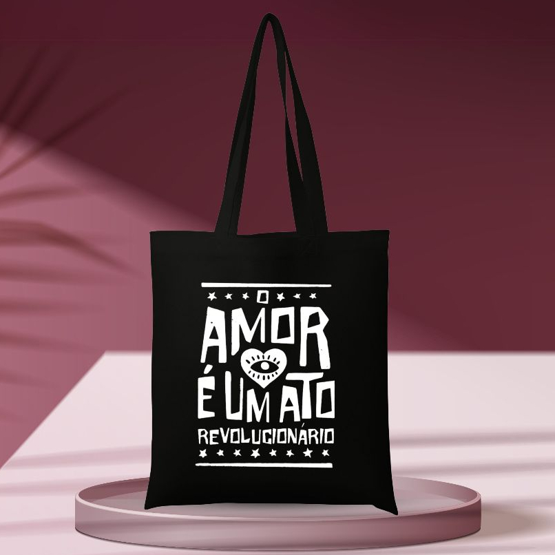 ECOBAG AMOR REVOLUCIONARIO SACOLA PRETA ESTAMPADA 30x40 MODA PRAIA E CAMINHADA