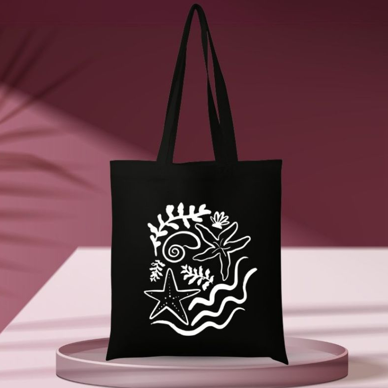 ECOBAG MAR SACOLA PRETA ESTAMPADA 30x40 MODA PRAIA E CAMINHADA