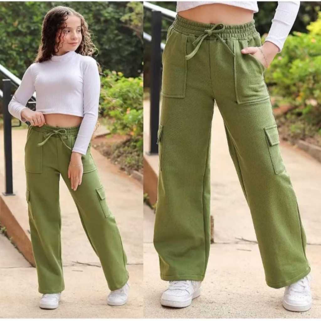 calça cargo moletom juvenil infantil flanelada inverno com bolsos na frente e laterais e cordão ajustavel 10 ao 16