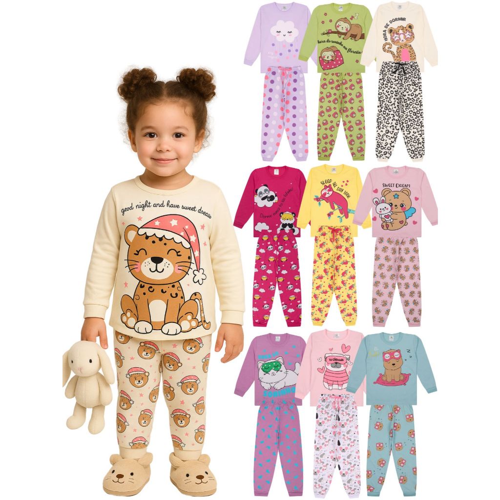 Kit Sortido 3 Pijama Infantil Menina - 3 Camisas manga longa + 3 Calças - Kit com 3 Pijamas Infantil Menina Inverno Bebê em Oferta na Shopee