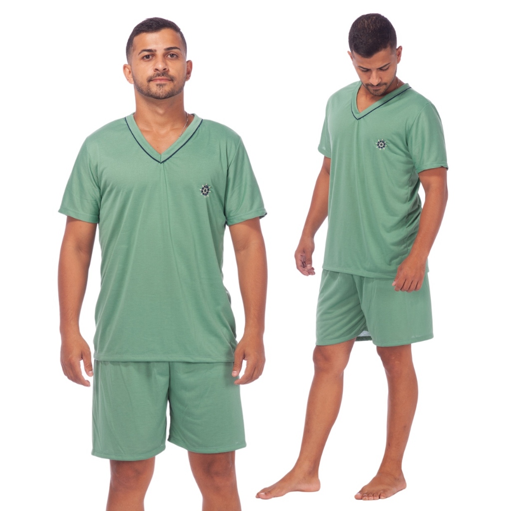 Pijamas Lisos Masculino Manga Curta Short Linha Noite Adulto Verão