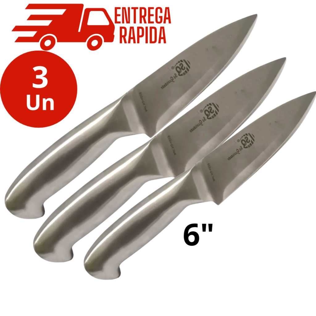 Kit 3 Faca Profissional Inteiriça 26,5  cm em Aço Inox  Inteiriço Churrasco Açougue Utensilio de Cozinha