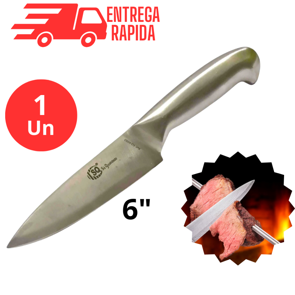 Faca Profissional Inteiriça 26,5  cm em Aço Inox Inteiriço Churrasco Açougue Utensilio de Cozinha