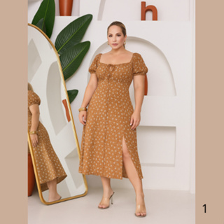 Vestido Femenino plus camponesa midi manguinha curta em Oferta na Shopee