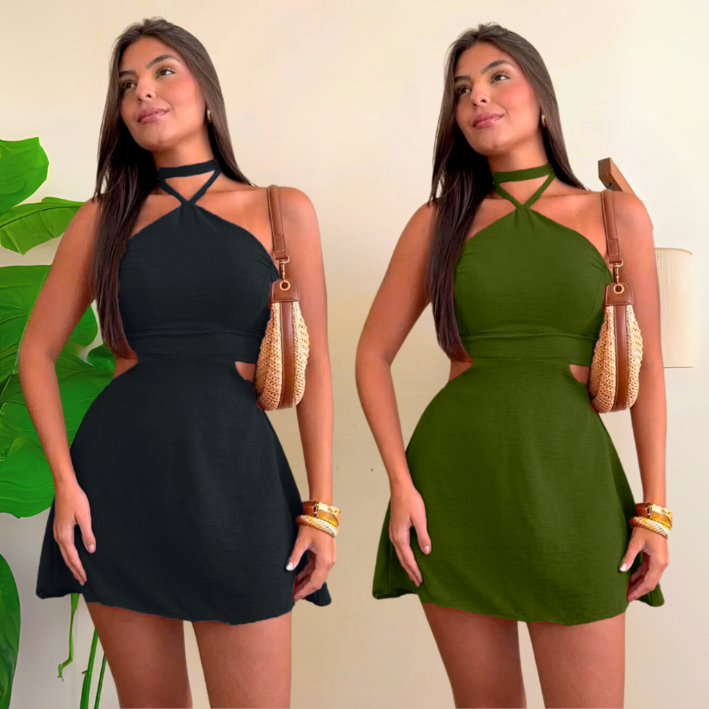 Vestido Feminino com Short e Bojo - Elegante, Recortes Laterais, Gola Alta e Amarração