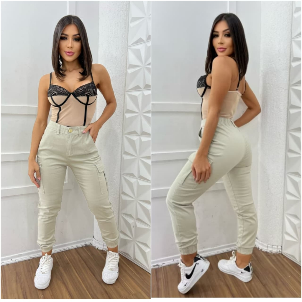 Calça Cargo Femenina Jogger Com Bolso Lateral Bege Com Lycra