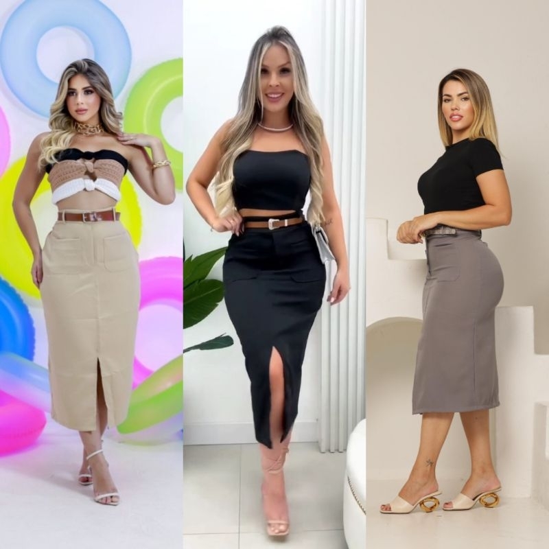 SAIA MIDI EVANGÉLICA BOLSO FRONTAL TECIDO ALFATARIA em Oferta na Shopee