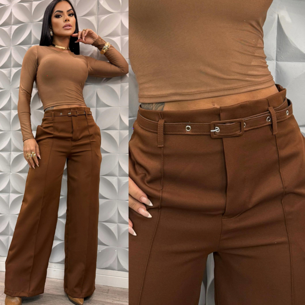 Calça pantalona Alfaiataria com Cinto fino Feminina Social Cintura Alta em Oferta na Shopee