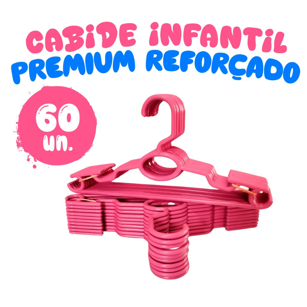 Kit 60 Cabides Infantil Bebê Baby Reforçado Rosa Plástico Cruzeta Roupa Resistente Premium