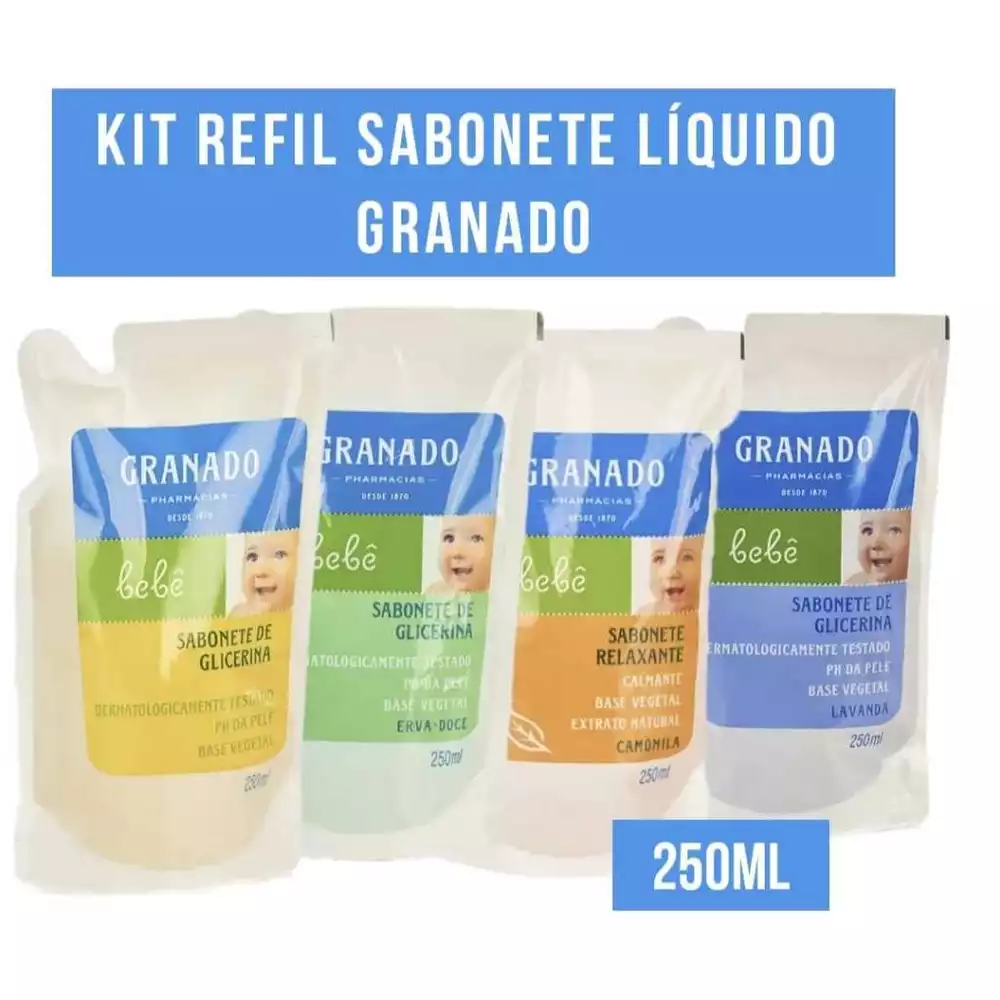 Kit 3 refis sabonete líquido granado bebê 250ml Glicerina Lavanda Camomila Erva Doce