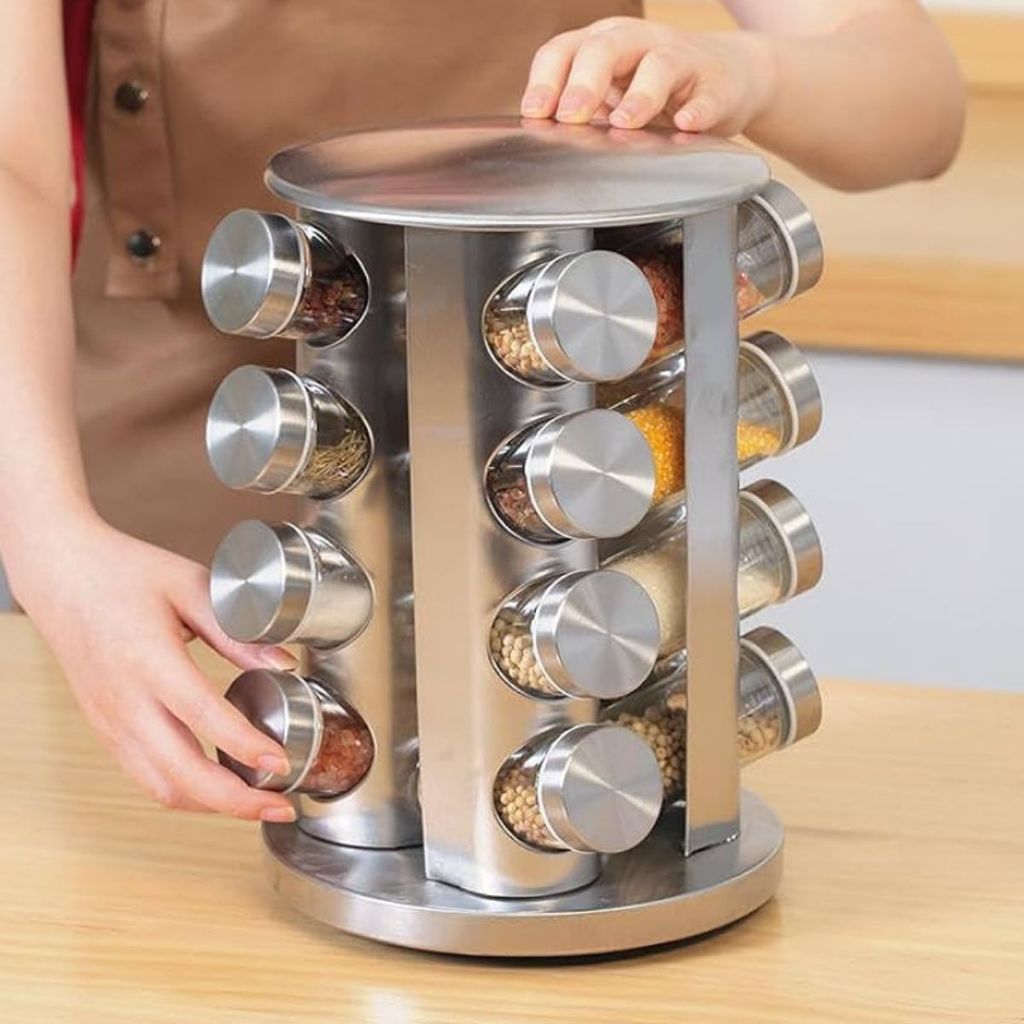 Porta Condimento Tempero Inox 16 Potes Vidro Base Giratoria