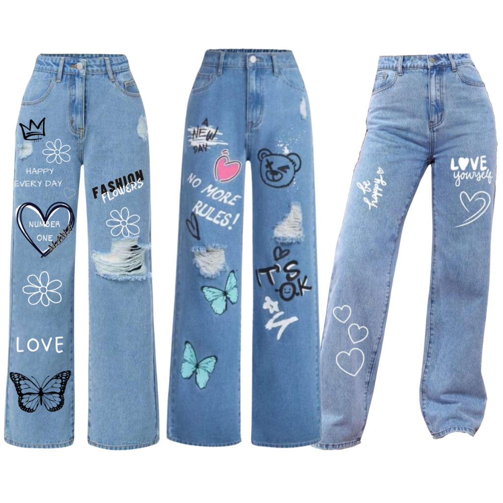 Kit 3 Calças Wide Leg Jeans Estampada Menina Infantil e Juvenil