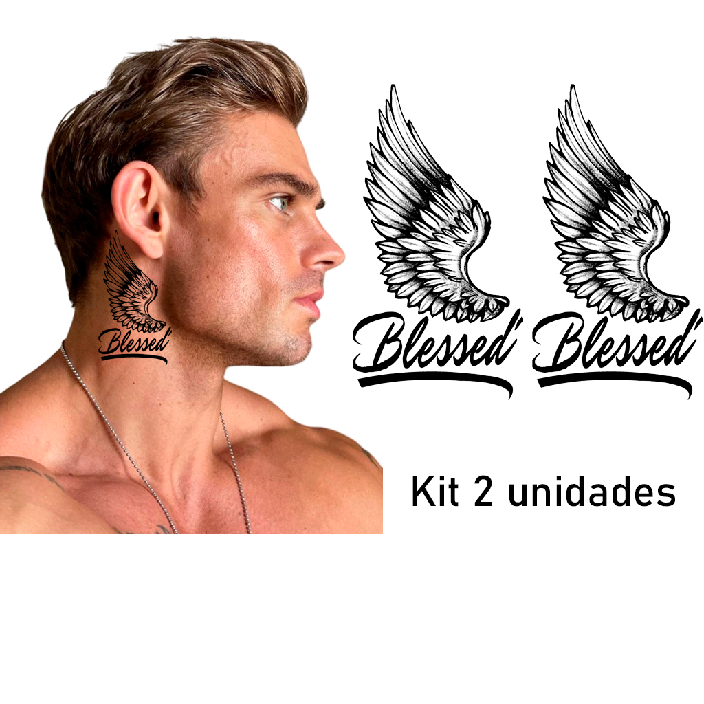 Blessed Asas Abençoado Tatuagem Temporária - Kit Pescoço | Kit 2 a 10 unid. à Prova D’água