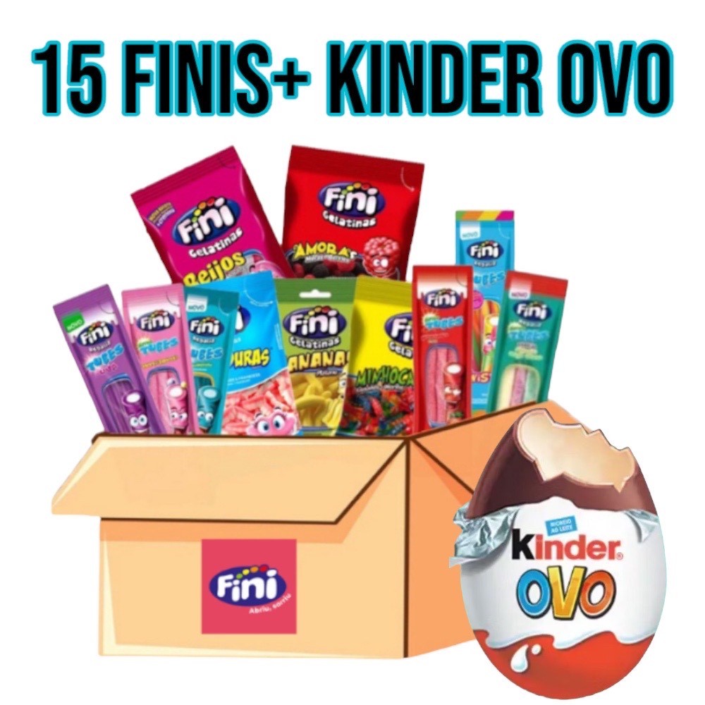 CAIXA KIT 15 PACOTES DE BALA FINI + KINDER OVO COM SURPRESA BRINQUEDO CHOCOLATE GULOSEIMAS DOCES