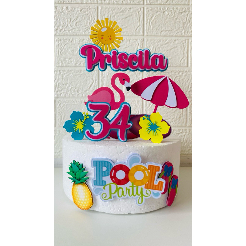 Topo Topper de Bolo Aniversário Personalizado 3D - Tema Pool Party/Praia|ENVIO RÁPIDO