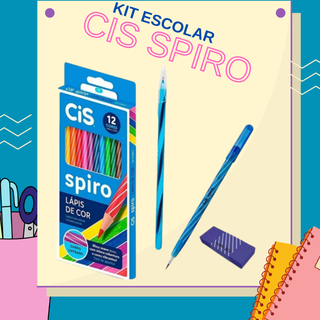 Kit Escolar CIS SPIRO  Azul Rosa (1 Lápis de cor 12 cores, 1 Caneta, 1 Lapiseira e 1 Borracha)