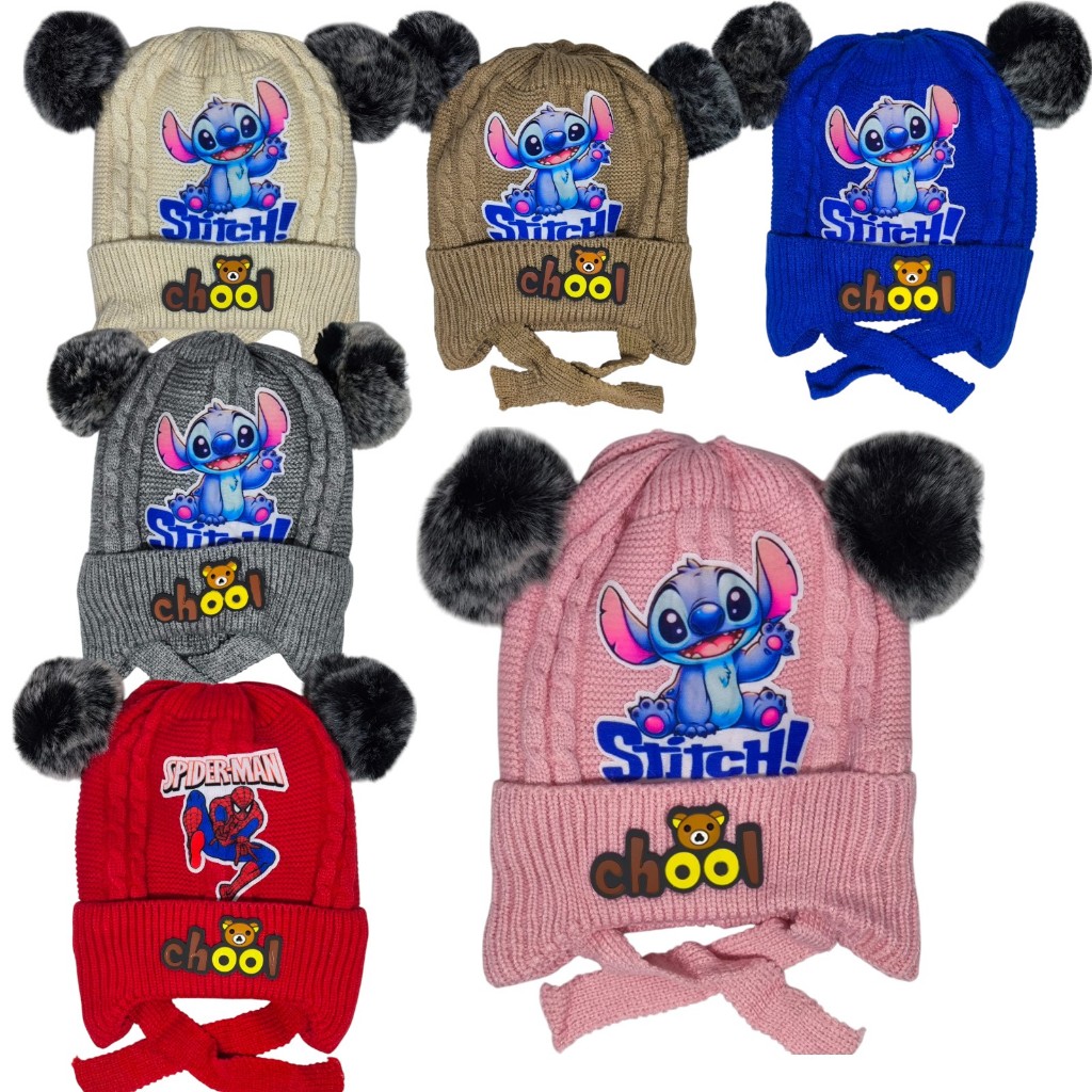 Touca Stitch Infantil ate 7 anos Cobre Orelha Forrado – Gorro de Lã 2 Pompón Menino e Menina
