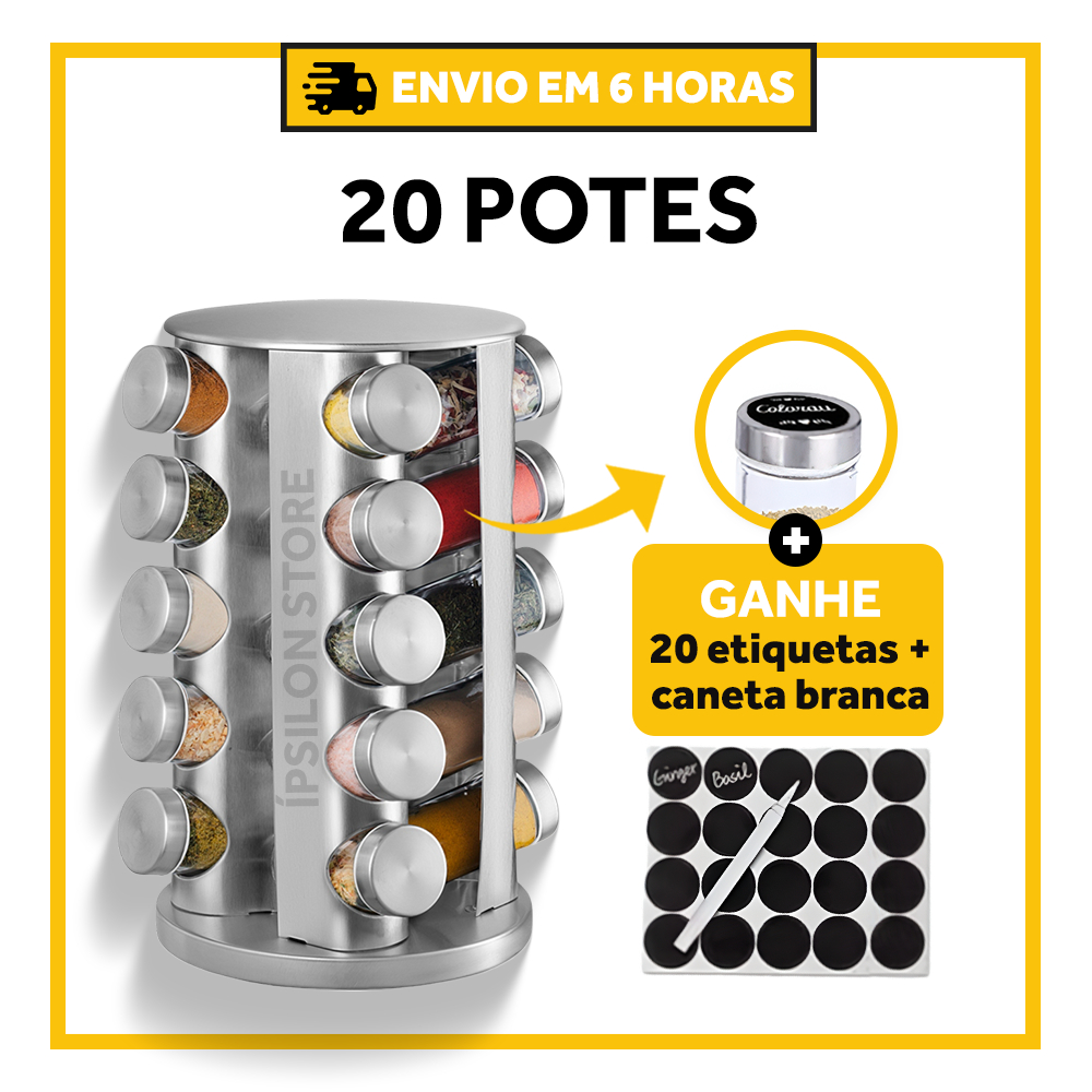 Kit Com Porta-Temperos Giratório de Inox (1 unidade) + 20 Potes de 100ml + 20 Etiquetas + Caneta