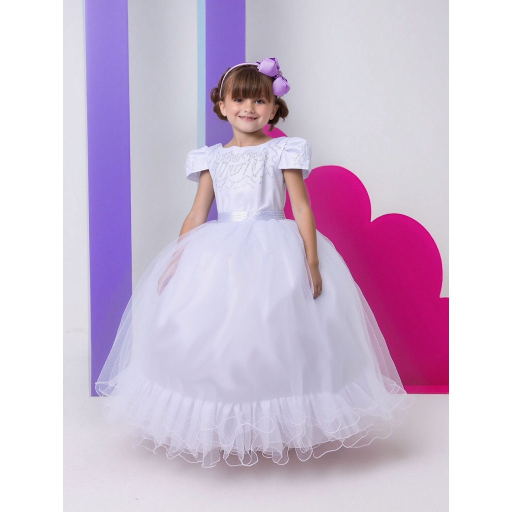 Vestido Infantil Branco Longo Casamento Noivinha Batizado Dama de Honra Formatura Aniversário