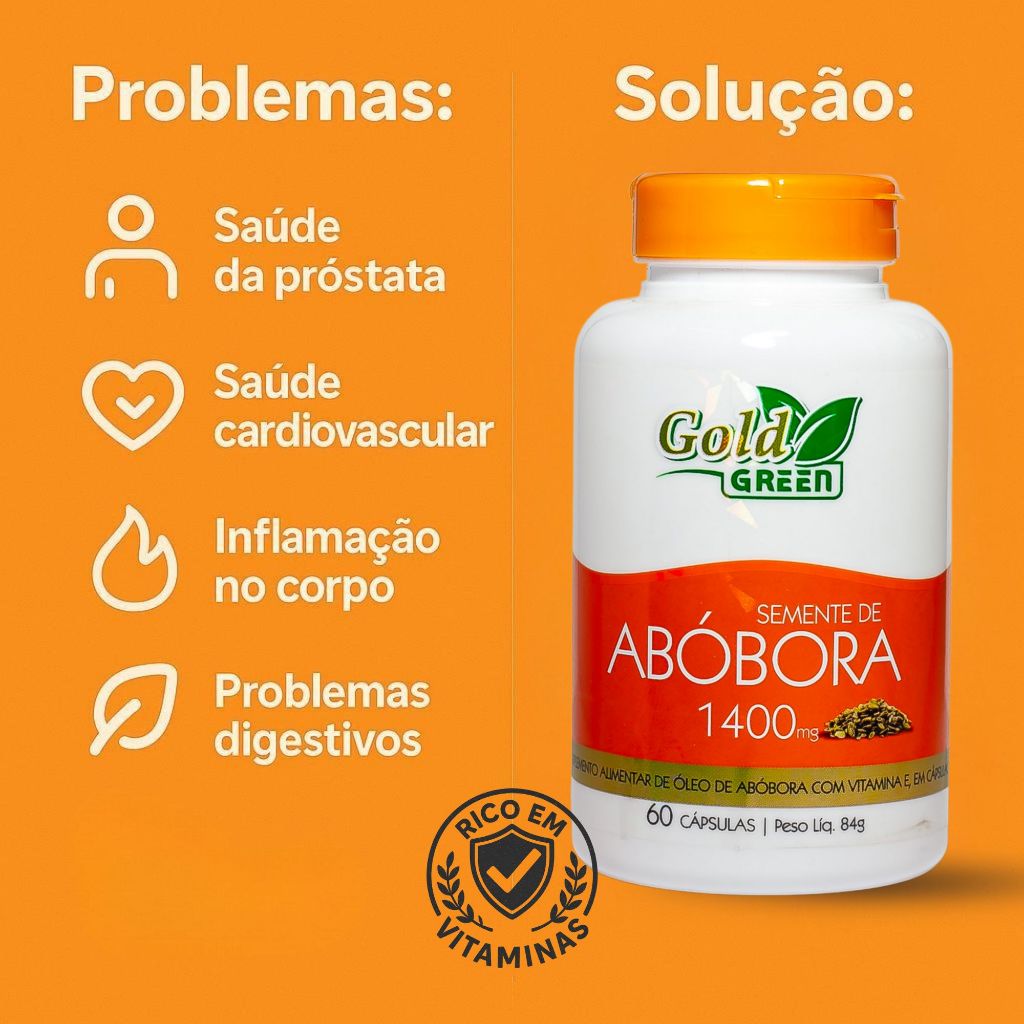Semente de Abóbora 1400mg - Óleo de Abóbora com Vitamina E - 60 Cápsulas de Gel - Gold Green
