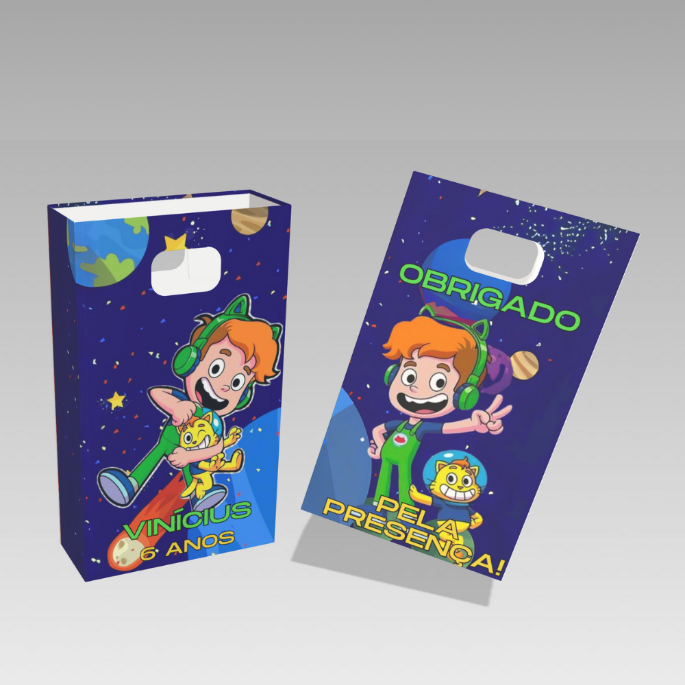 Lembrancinha sacolinha personalizada boca de palhaço gato galáctico