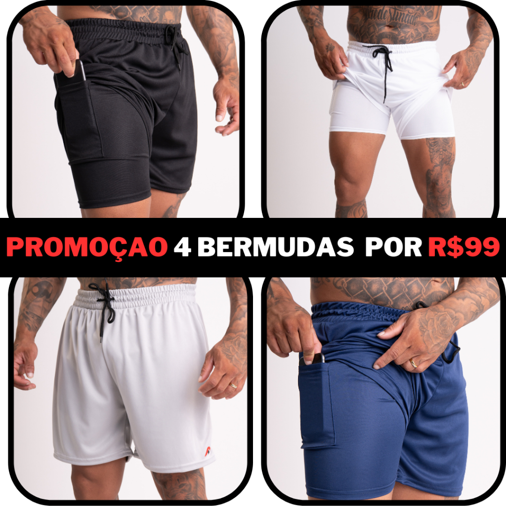 kit 4 bermuda masculina dry fit lisa 2 em 1 com bolso interno para celular kit promocional