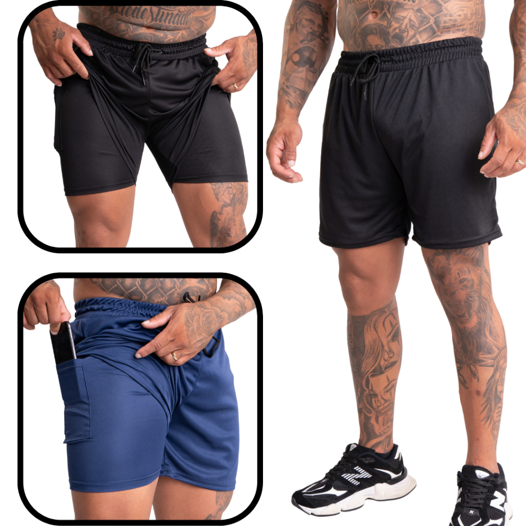 Bermuda 2 em 1 masculina dri fit shorts masculino para academia e corrida com forro da cor da bermuda