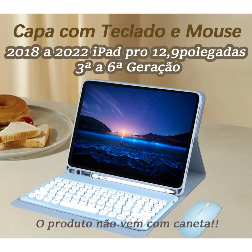 capa ipad com teclado tecla redonda e mouse 2018 ou 2020 ou 2021 ou 2022 ipad pro 12,9polegadas
