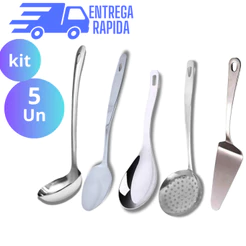 Kit 5/4/3 Utensílios de Cozinha 100% Aço Inox Concha Escumadeira Colher de Arroz Colher de Arroz longa e espatula bolo