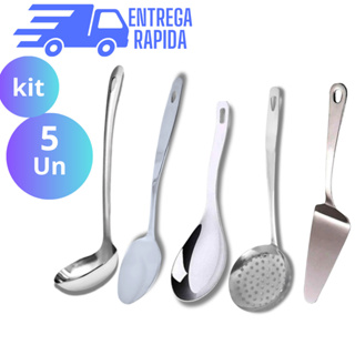Kit 5 Utensílios de Cozinha 100% Aço Inox Concha Escumadeira Colher de Arroz Colher de Arroz longa e espatula para bolo em Oferta na Shopee