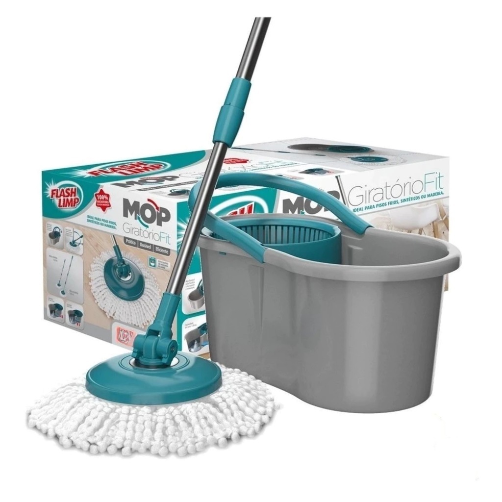 Mop Giratório Fit Flash Limp Original | Base Giratória | Refil Lavável Microfibra Alta Absorção