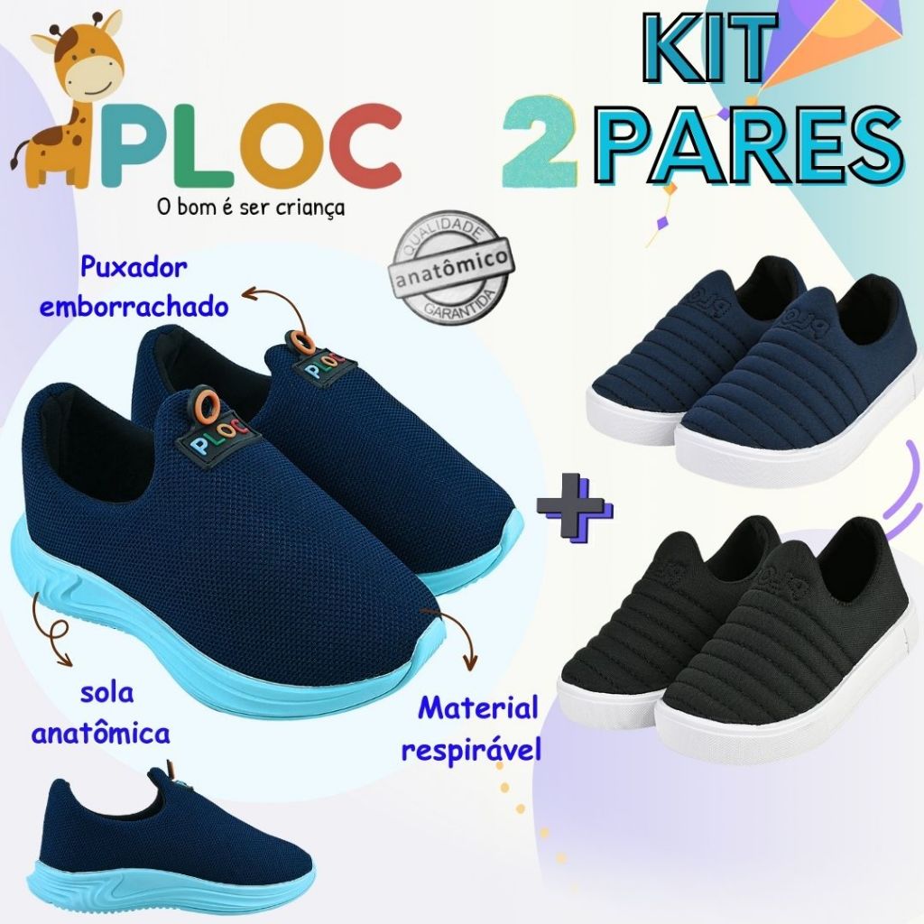 KIT 02 PARES TÊNIS INFANTIL: TÊNIS PLAY P26 COR A ESCOLHER + IATE MARINHO - PLOC ORIGINAL em Oferta na Shopee