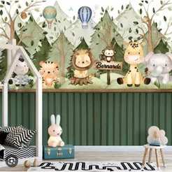 Papel de Parede Adesivo Safari para Quarto de Criança – Estilo Lúdico, Animais, Autocolante