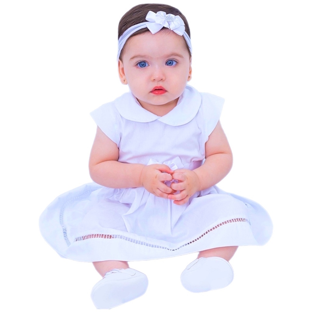 Vestido de Bebê Branco Luxo Festa Macio para Batizado Casamento e Ano Novo MUNDO NINA