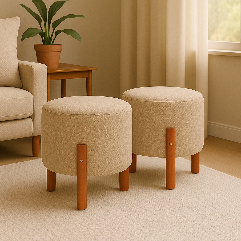 Kit 2 Puffs Banquinho Decorativo Redondo Linho Luxo Pés em Madeira Maciça - Casa Viva Decor