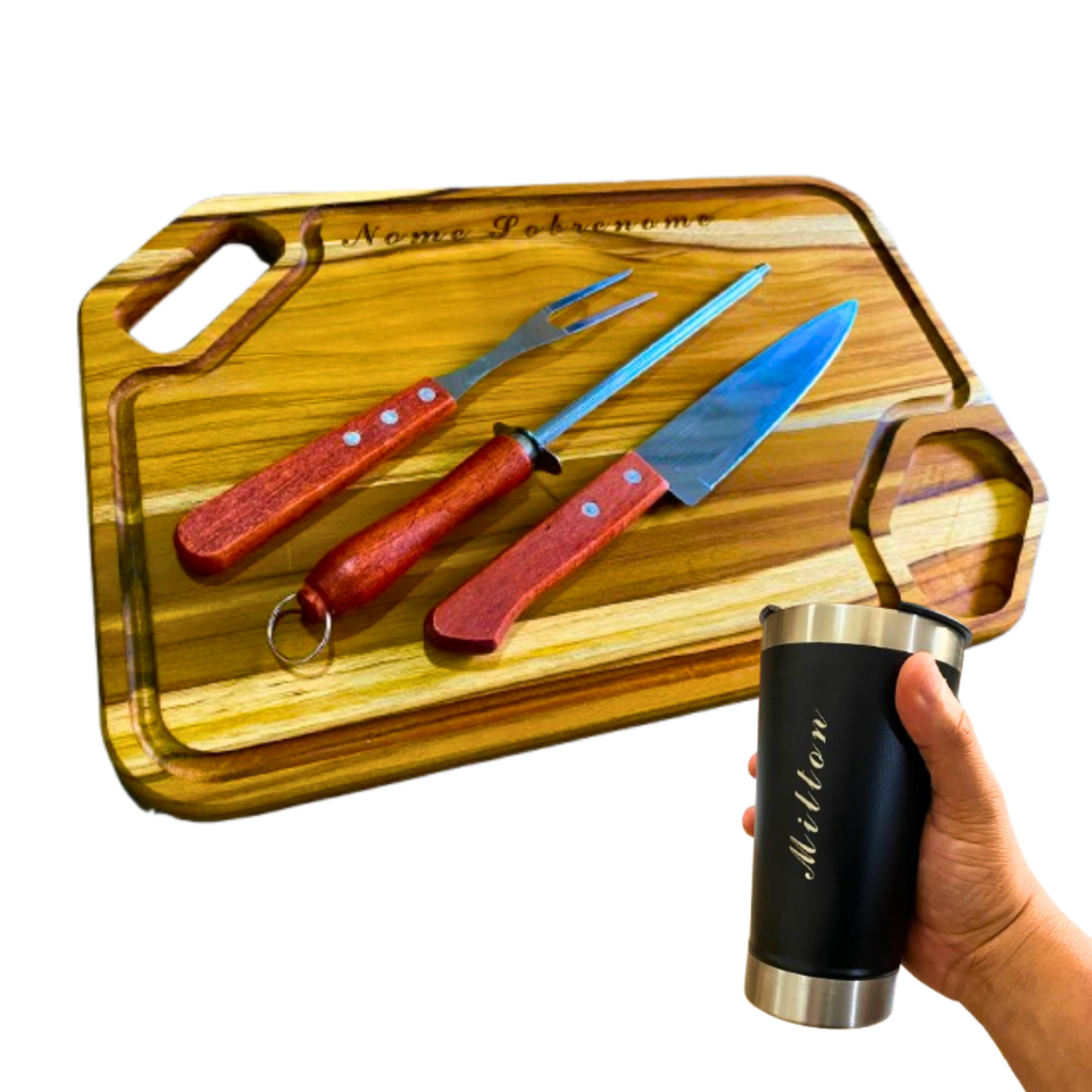 Kit Churrasco Completo Com Tábua de Carne Churrasco Personalizada Com Garfo e Faca mais Co...