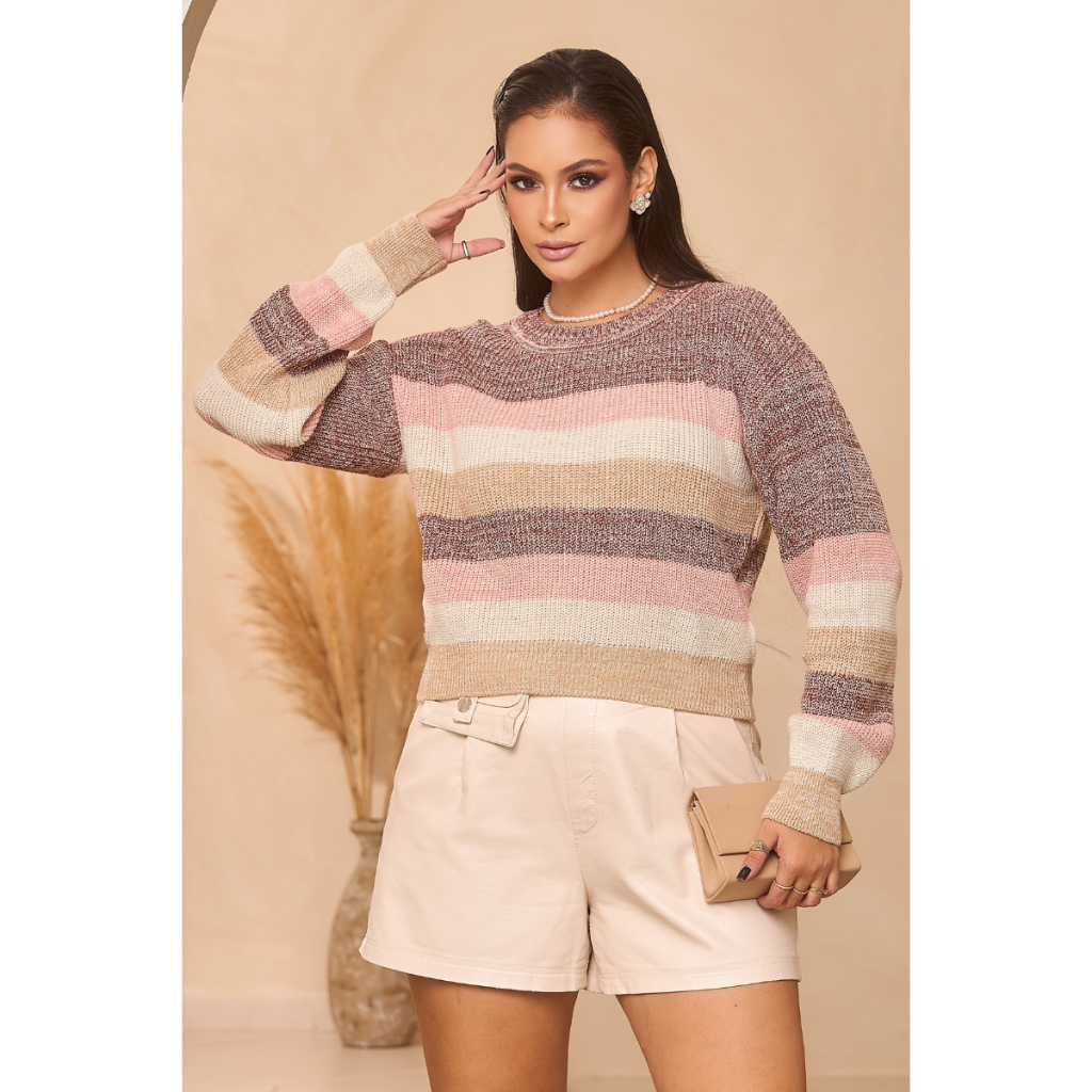 Blusa Cropped Tricot Listras Finas Decote Arredondado Punhos Ajustados