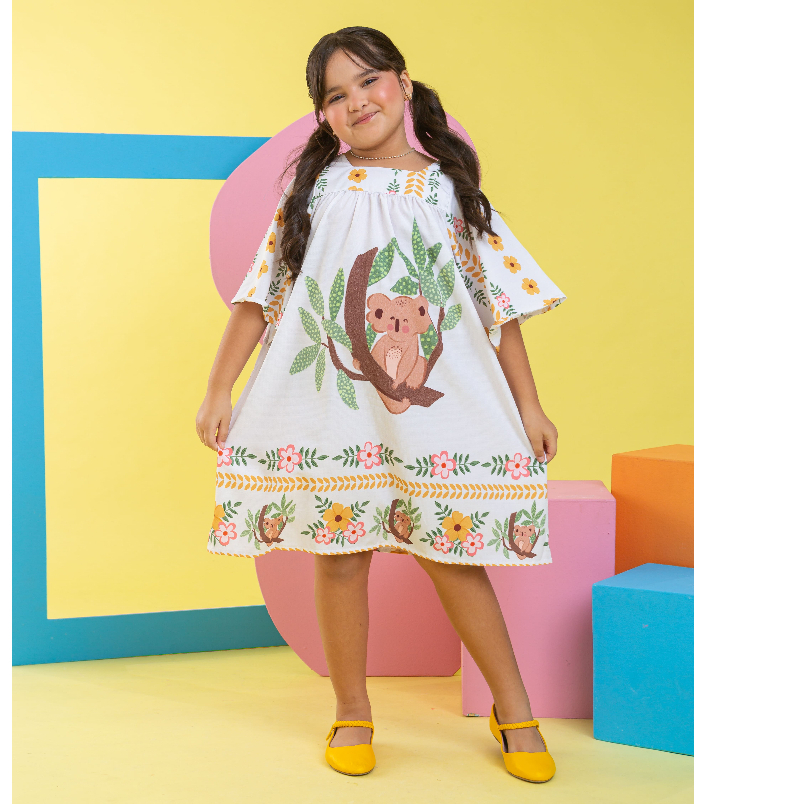 Vestido Manga Longa Infantil Menina Moda Festas Estampa Farm Animais Flores