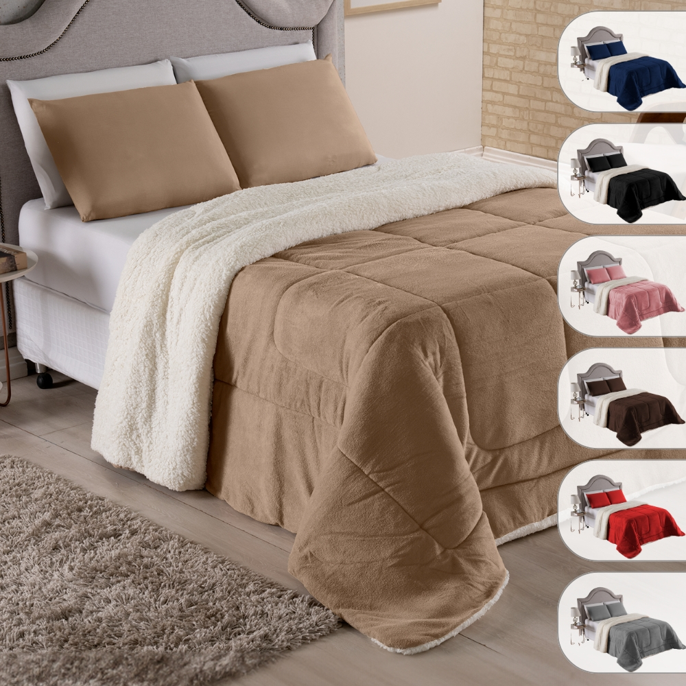 Coberdrom Casal Queen Size 2,40x2,10 Cobertor Edredom Pele De Carneiro Sherpa Dupla Face F...