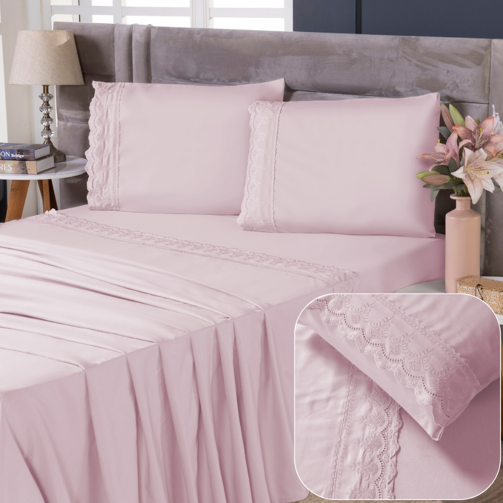 Jogo de Lençol 400 Fios Cama Casal Queen e King 4 peças Bordado Inglês Com Detalhes Luxo