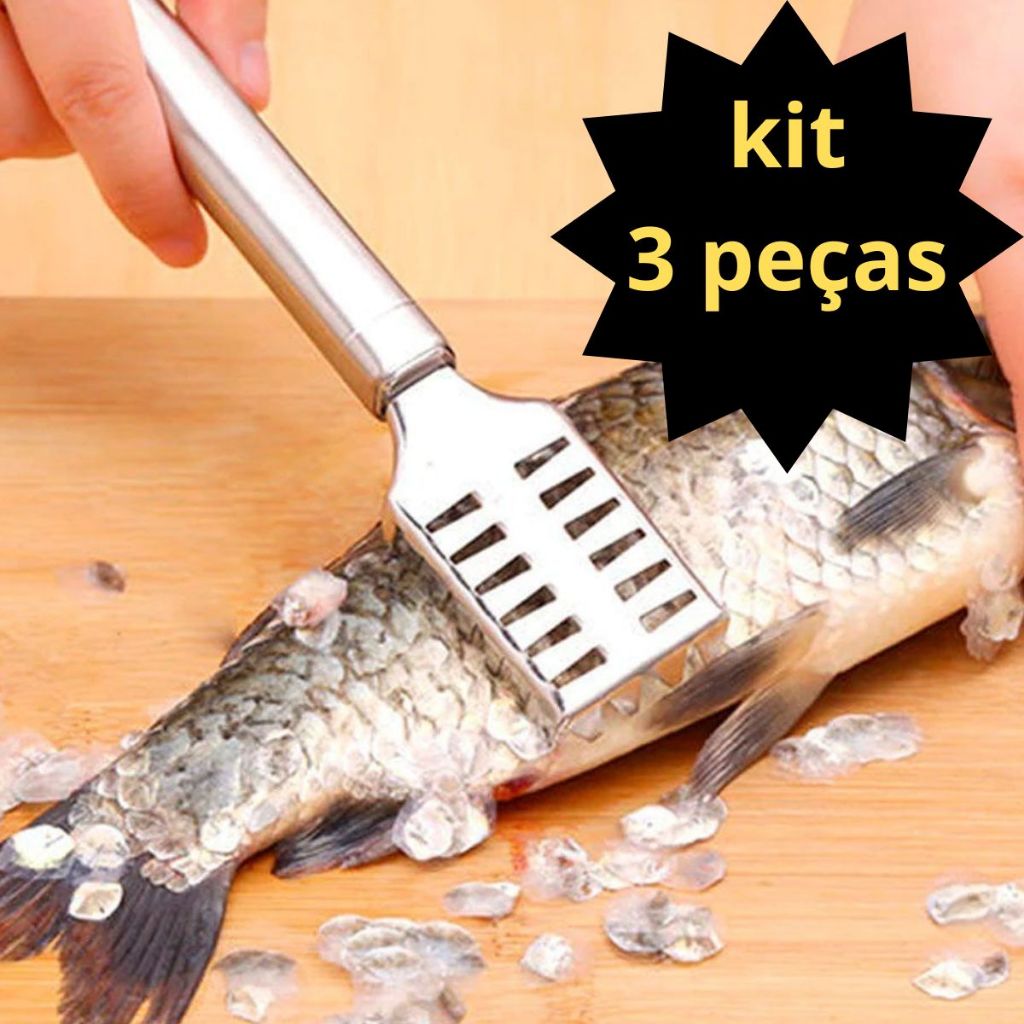 Kit 3 Escamador de peixe de aço inoxidável, ferramenta de cozinha multifuncional para remover escamas de peixe