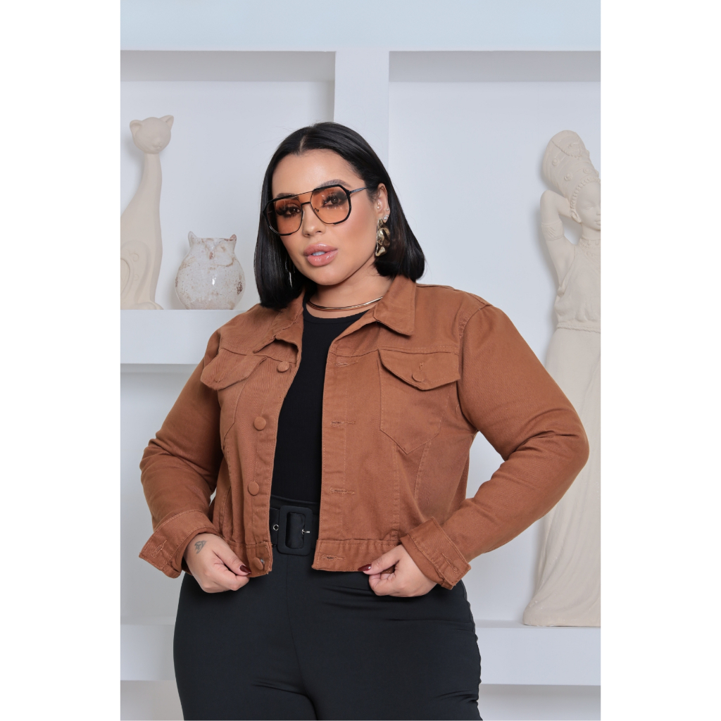 Jaqueta Cropped Jeans Feminina Plus Size Com Barra Botão Encapado 100% jeans em Oferta na Shopee