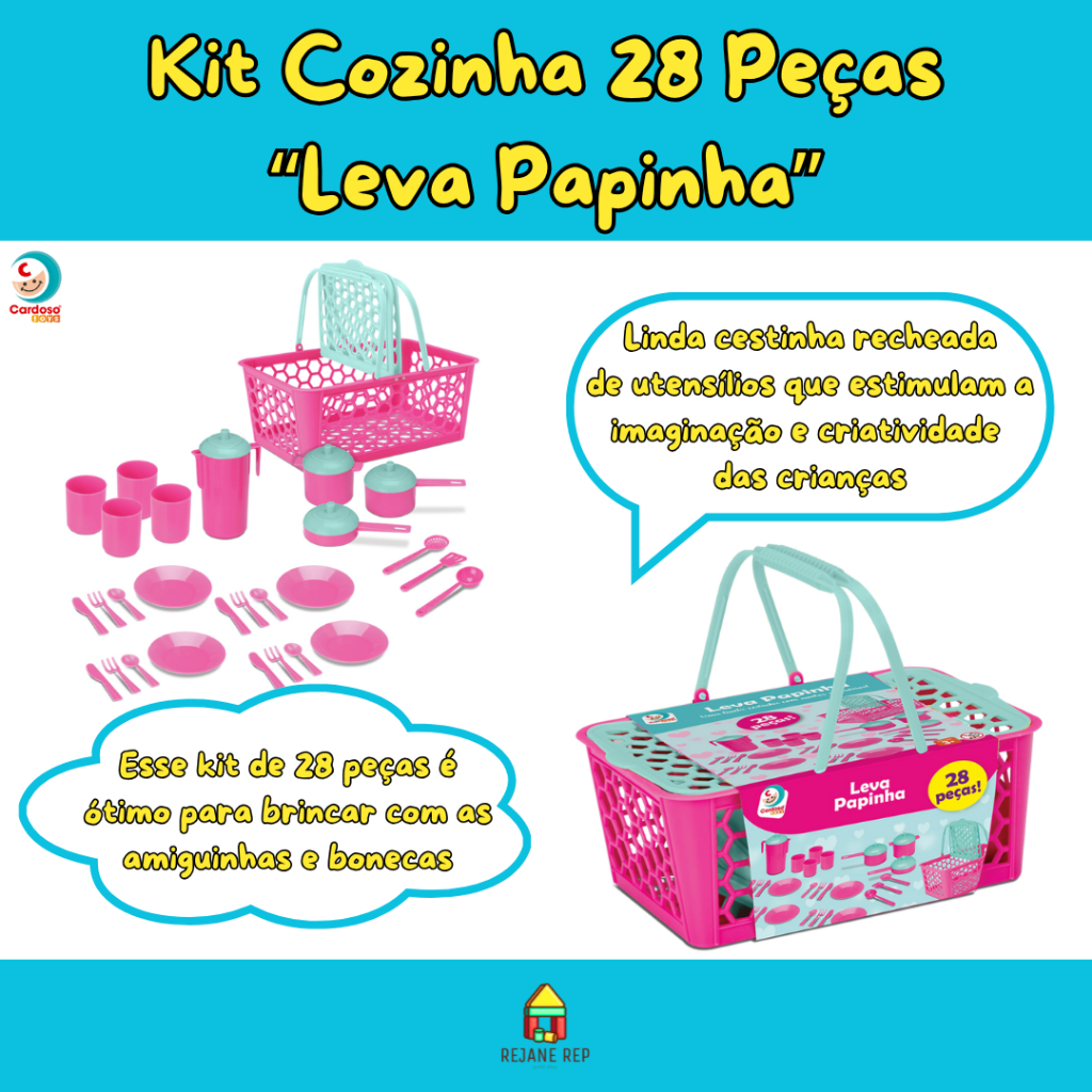 Kit Cozinha Infantil Panelinhas 28 Peças "Cesta Leva Papinha" - Cardoso Toys - Prato, Copo, Panela