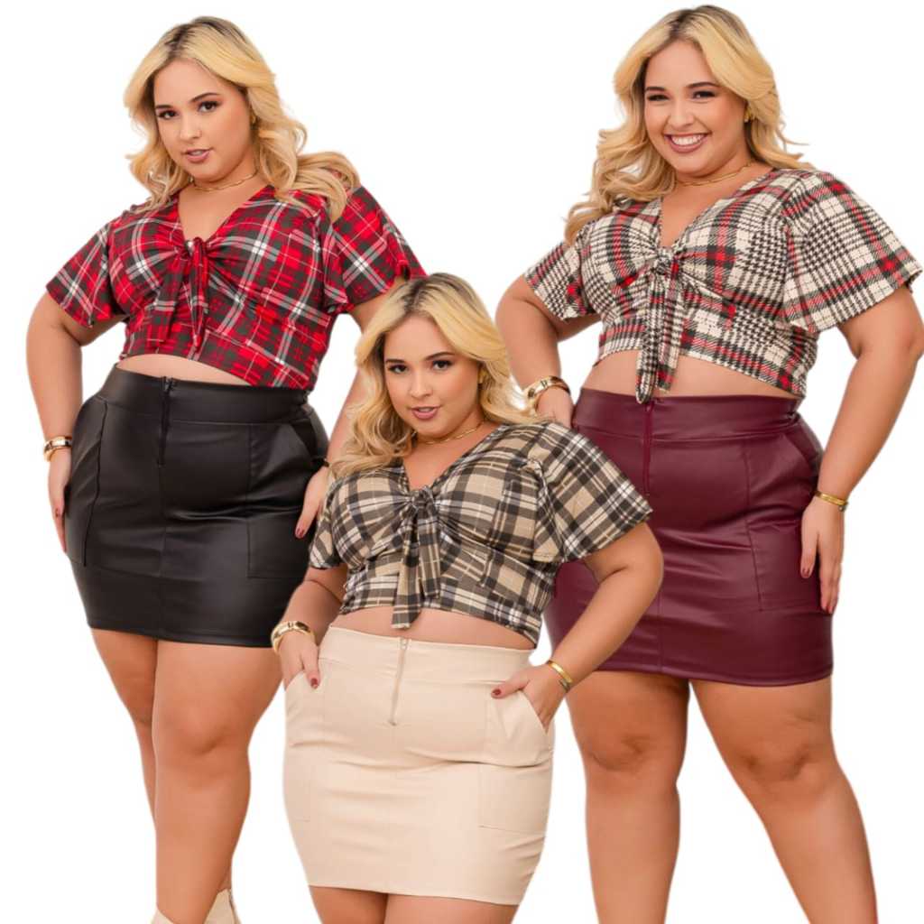 BLUSA CROPPED  PLUS SIZE  FEMININO XADREZ  SÃO JOÃO (TAMANHO UNICO 46AO52) em Oferta na Shopee