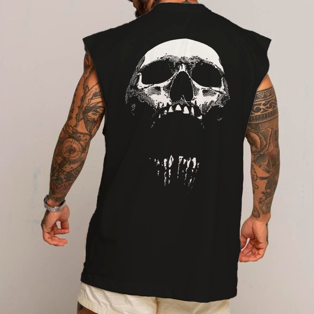 Camiseta Regata Longa Oversized Masculina Algodão Caveira Dark Arte Academia Gym Treino