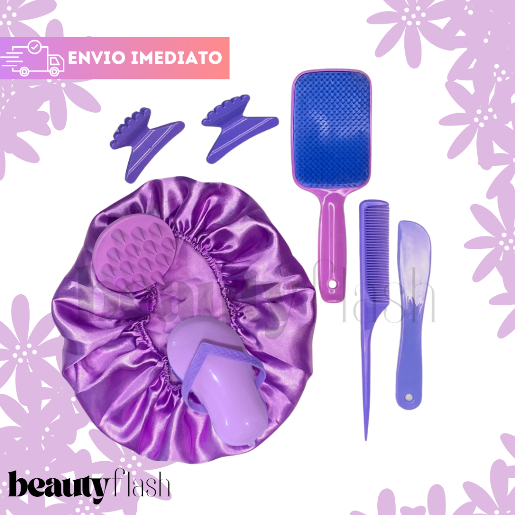 Kit Escova Massageador Touca de Cetim Pente e Presilha Beauty Flash Presente Especial para você em Oferta na Shopee