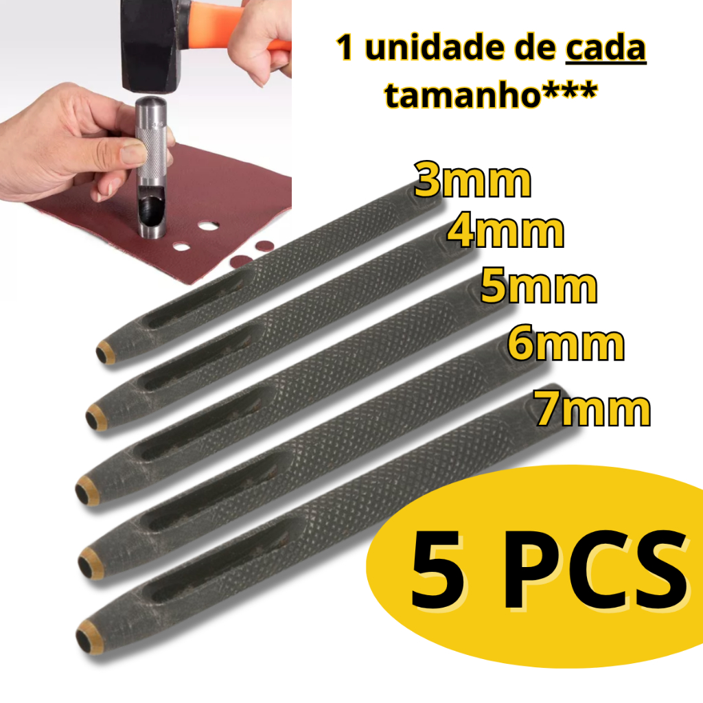 Kit 5 Furador 3,4,5,6,7mm Couro Vazador Perfurador Aço Vonder em Oferta na Shopee
