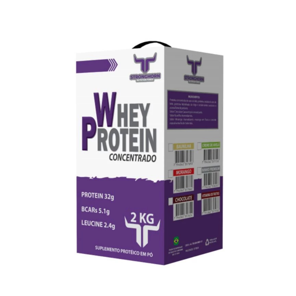 Whey Protein Stronghorn 2kg 100% Concentrado Caixa Refil 32g Proteína Nutrição Saboroso Qualidade