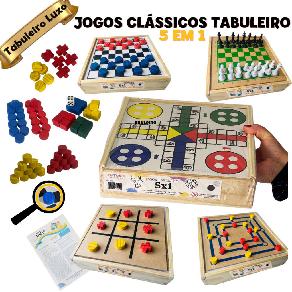 Conjunto de Jogos Tabuleiro Clássicos Jogos de Mesa, Ludo, Xadrez, Damas, Trilha, Resta 1, Jogo da Velha, Dominó