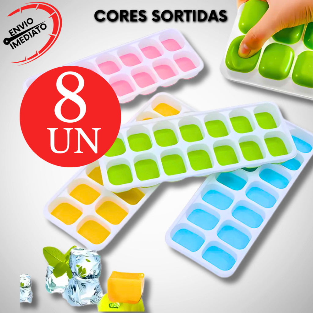 Kit 8 Forma de Gelo GRANDE Com Tampa Fundo Flexível 14 Cubos Bebe Cozinha Comida Papinha
